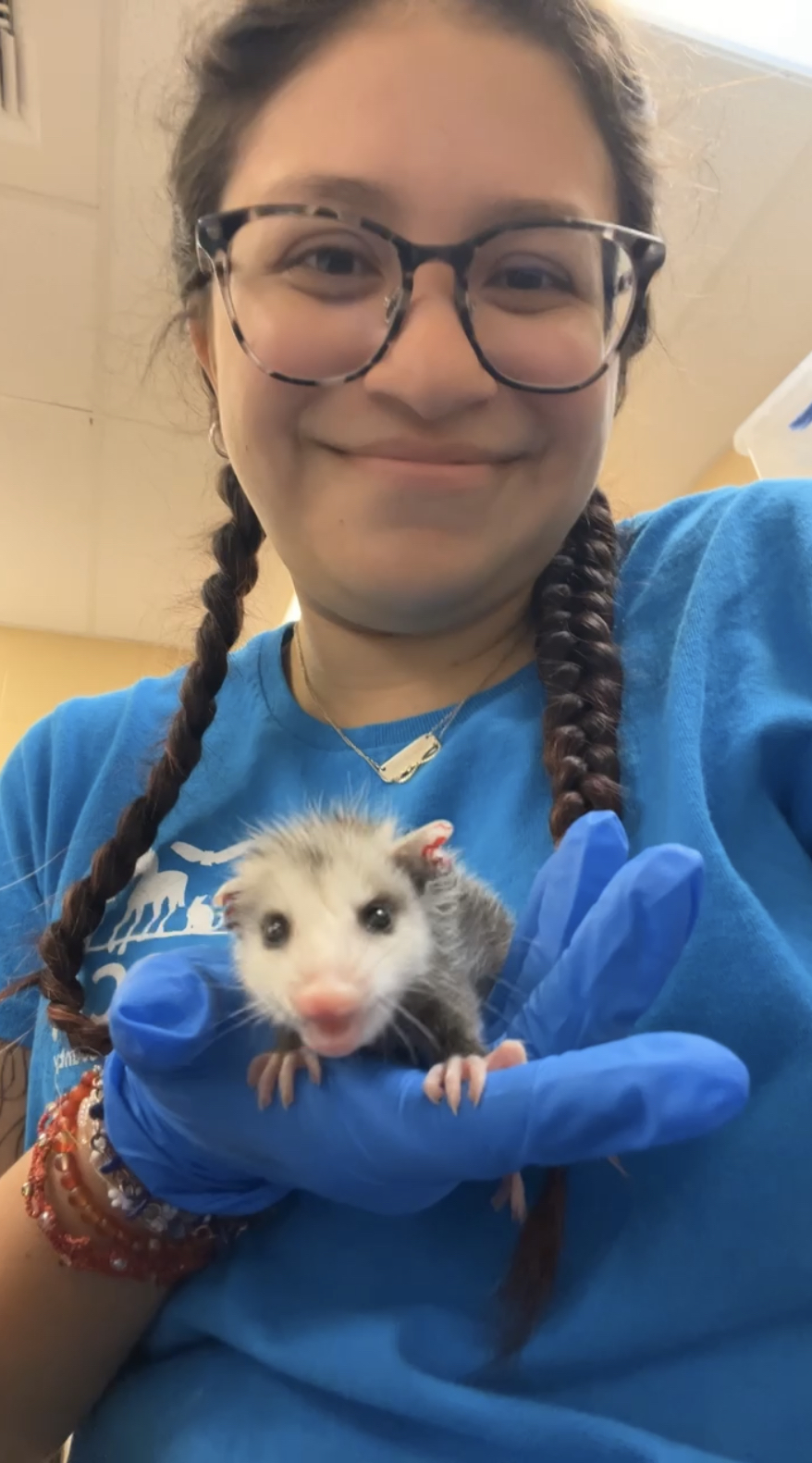 Jocelyn is smiling and taking a selfie with one hand. The other hand (gloved) is holding a baby possum. Danielle is wearing a blue shirt with a white SPCA logo on it