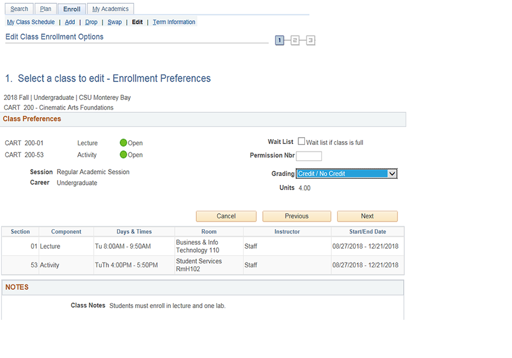 Shows enrollment preferences page with grading basis option