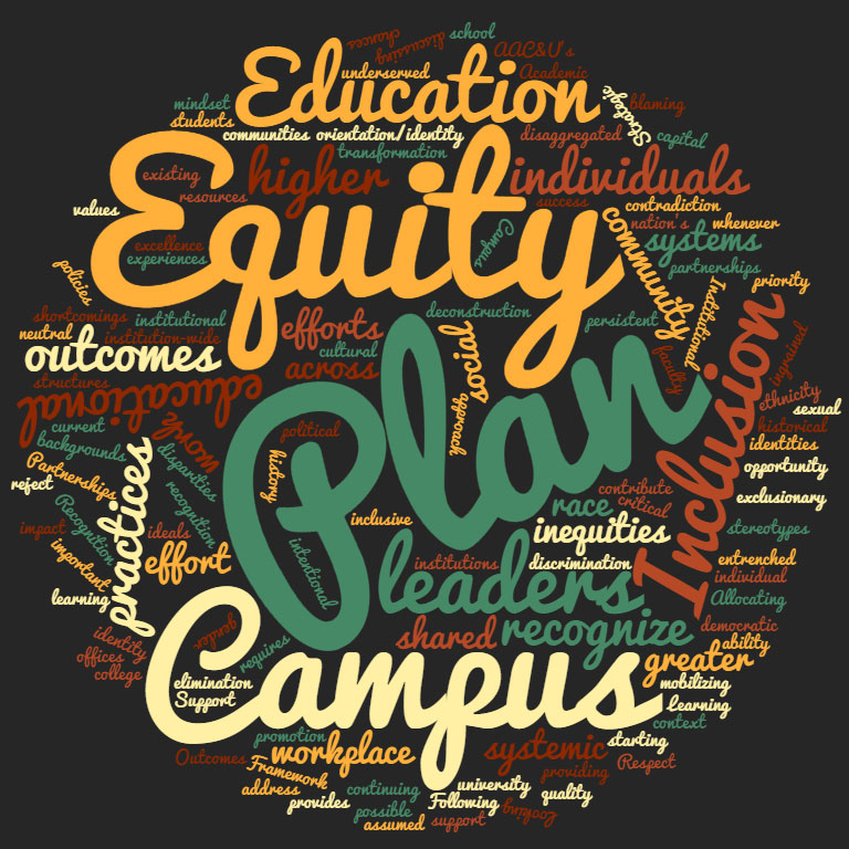 Graphic: Word cloud, large words are equity, plan, and campus