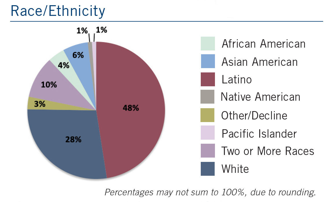 CAHSS Race and Ethnicity Graph 2021 - 48% Latino, 28% white, 10% two or more, 6% Asian, 4% African, 3% other/decline, 1% Pacific Islander, 1% Native American
