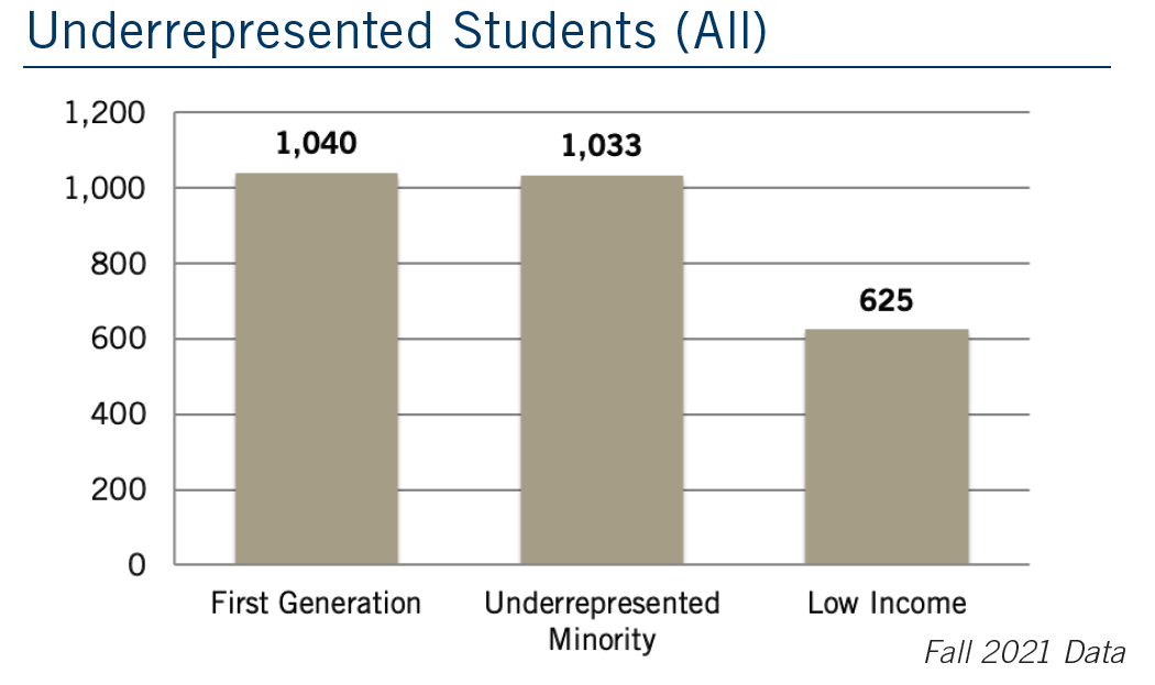 CAHSS Underrepresented Groups Graph 2021 - 1,040 first gen, 1,033 underrepresented minority, 625 low income