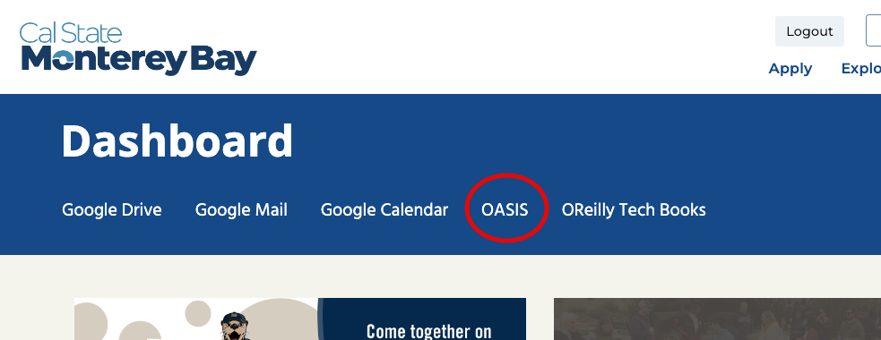 Screenshot of CSUMB website with OASIS Dashboard link button circled