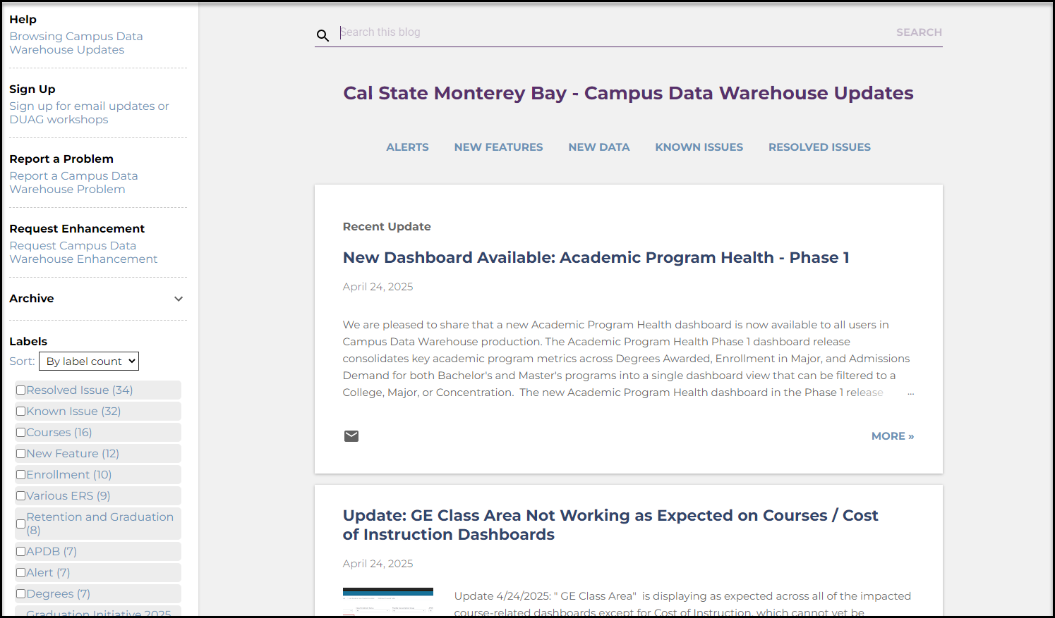 Screenshot of Cal State Monterey Bay - Campus Data Warehouse Updates blog.