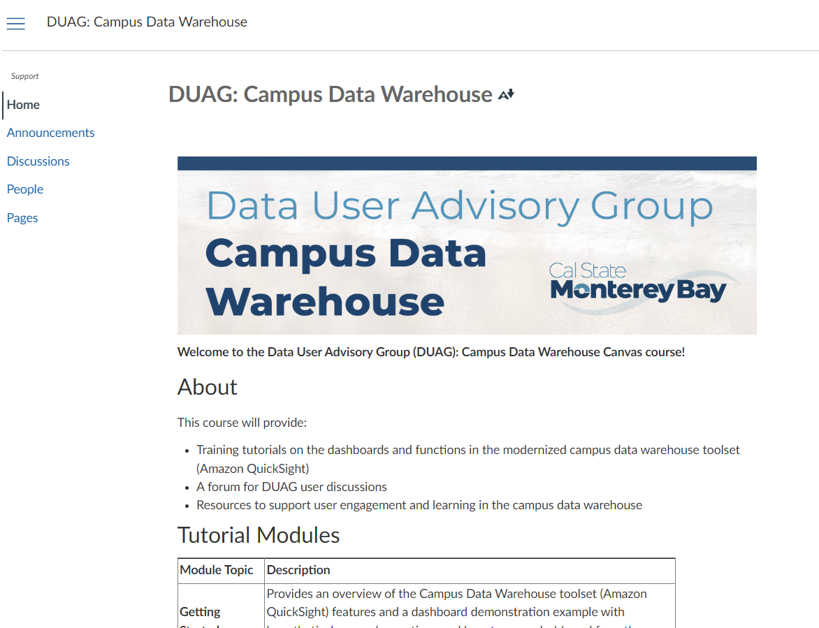 DUAG Campus Data Warehouse Canvas Course screenshot. See accompanying narrative for course description.