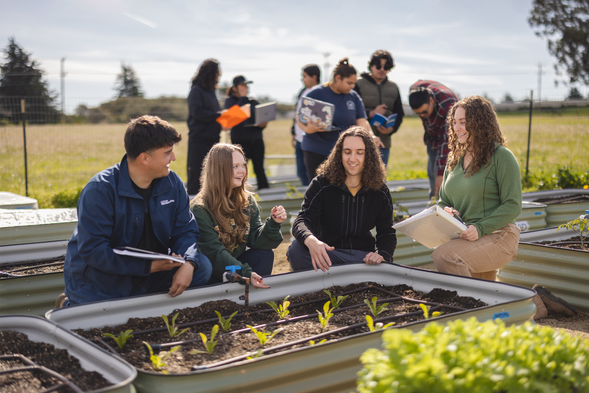 Agriculture science students and a professor engage in discussion while examining a garden bed