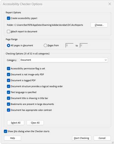 Acrobat Accessibility Checker Options Dialogue box. Extended description in main text.