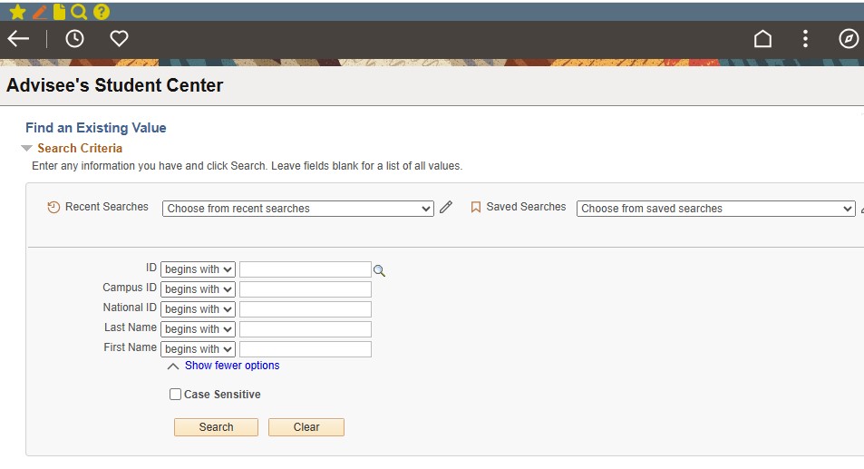 Advisee’s Student Center search page used to locate a student before submitting an Advancement to Candidacy request.