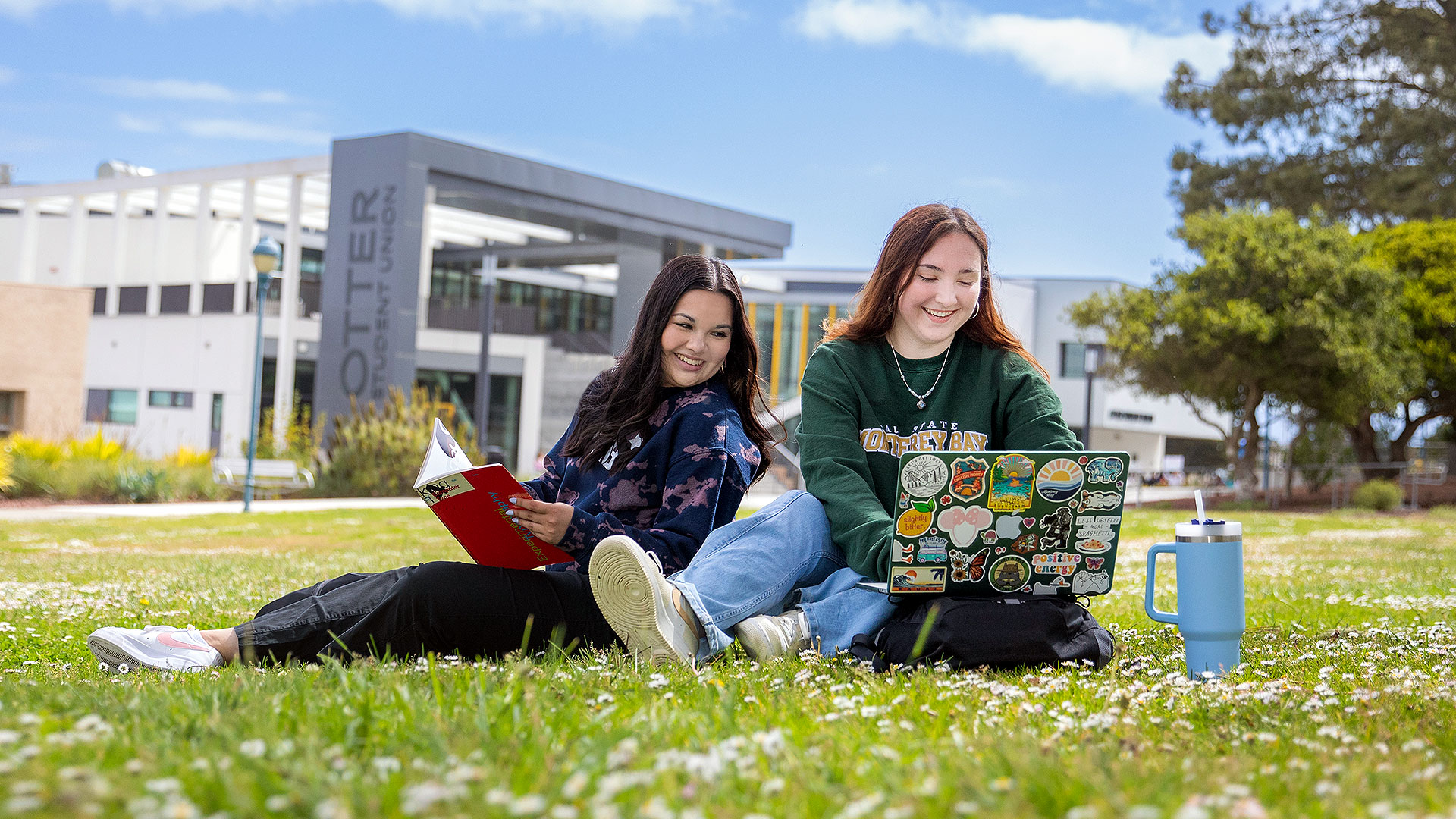 Two female students studying at the campus quad using their laptops