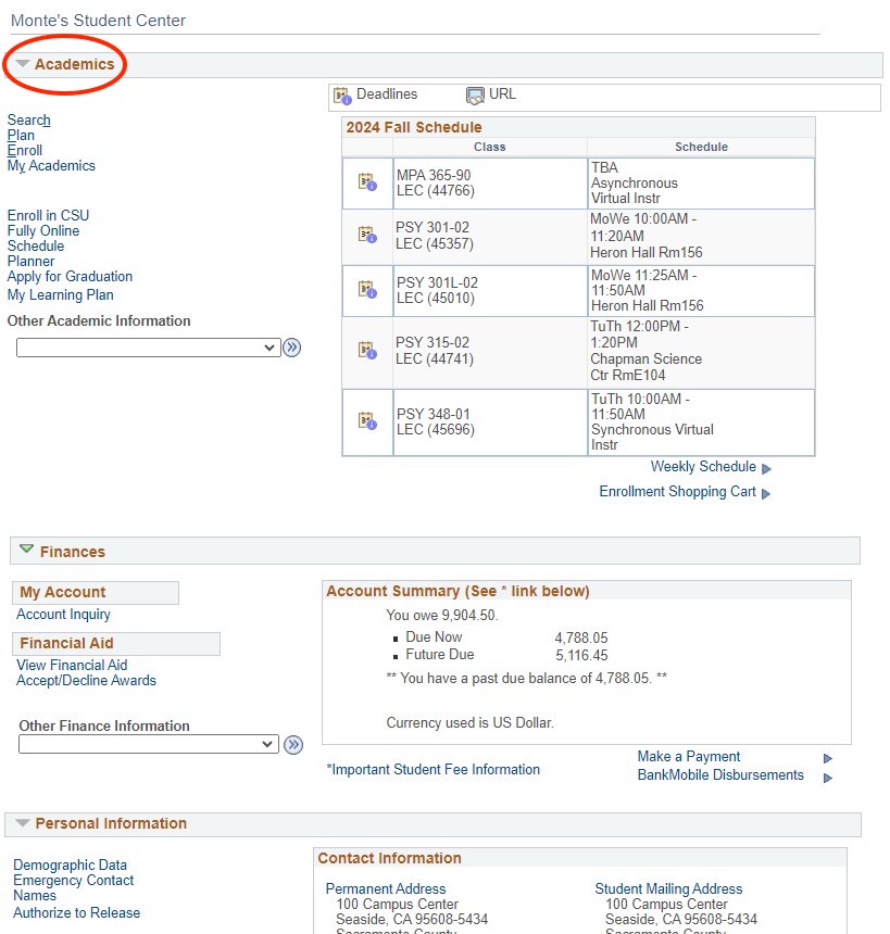 Screenshot of Student Center in OASIS with Plan circled