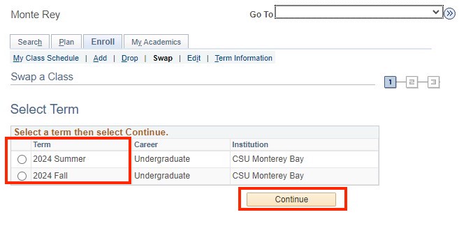 Screenshot of Add Classes Select Term screen in OASIS