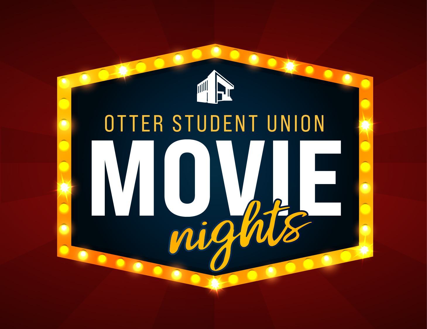 Red background with sunburst, dark blue marquee with yellow border and lights simulating a movie marquee, text reading