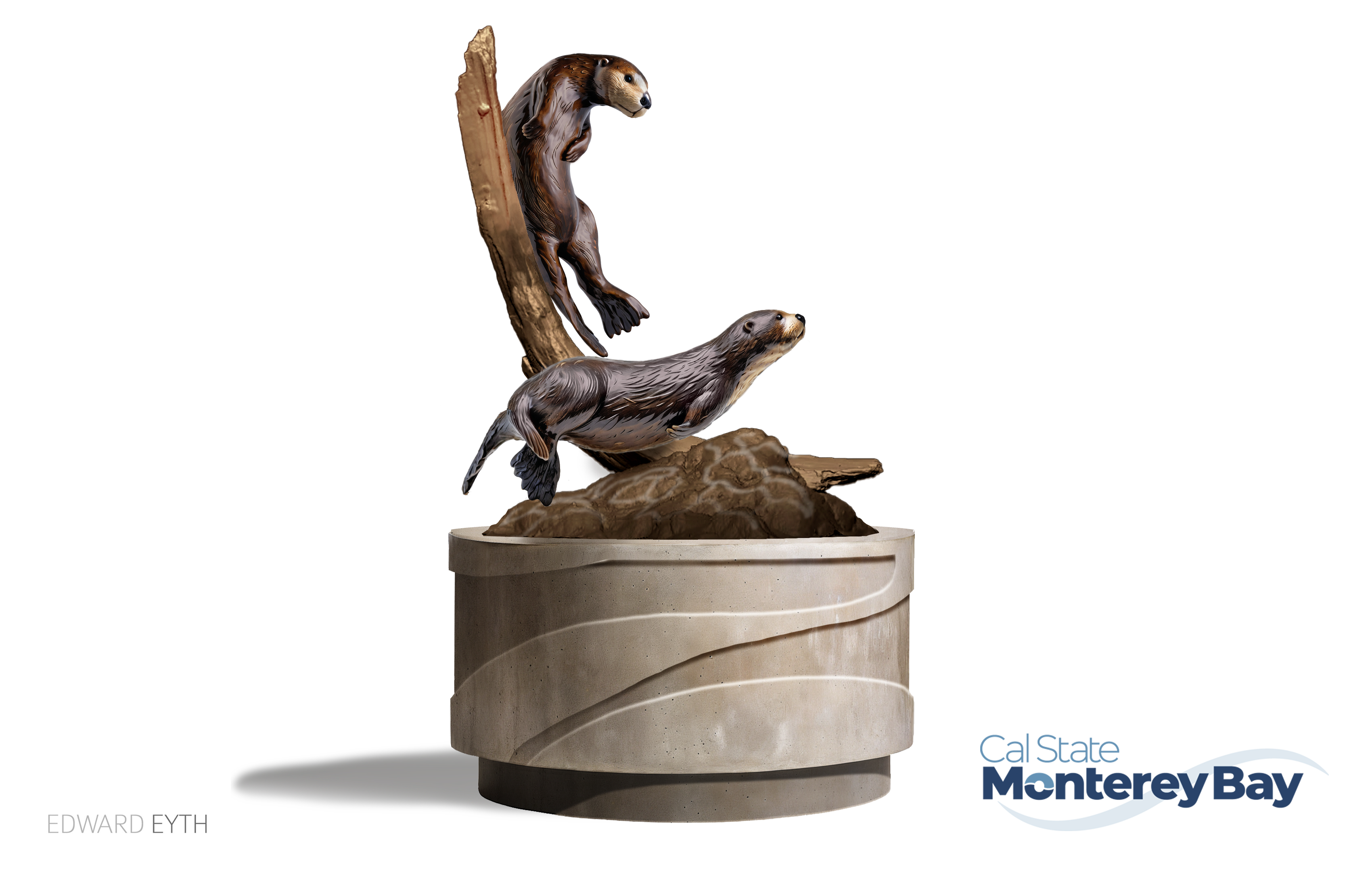 Bronze otter statue with 2 otters playing