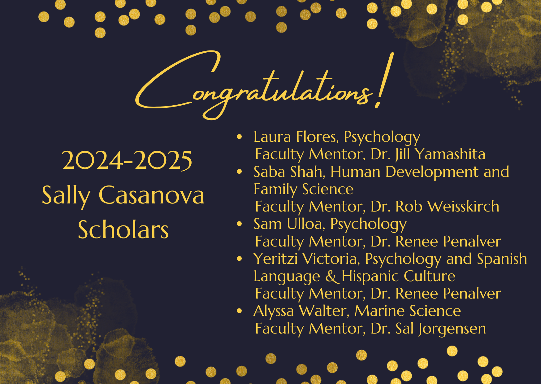 black background flecked with gold writing Congratulations