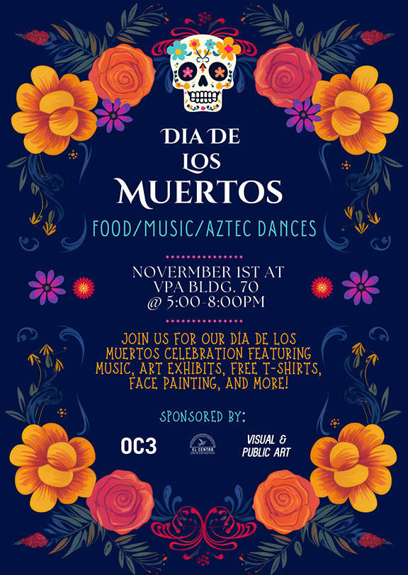 sugar skull and marigolds surround Dia de Los Muertos