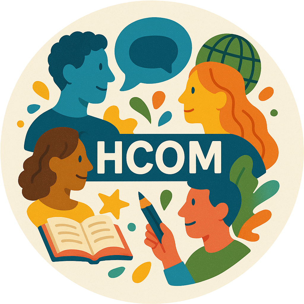 A colorful circular illustration with the word “HCOM” in bold letters at the center. Around it are four diverse cartoon people, speech and globe icons, and symbols of learning like a book, pencil, and star, all in warm, inviting colors.