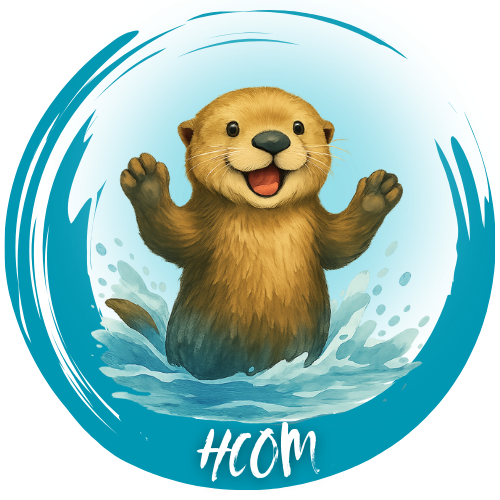 A smiling cartoon otter splashes in water with its paws raised. It's framed by a teal circle with the words “HCOM” in white script on the lower right.