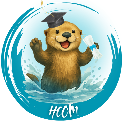 Cartoon otter in water wearing a graduation cap and holding a diploma, with 