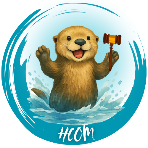 Cartoon otter splashing in water while holding a gavel, with 