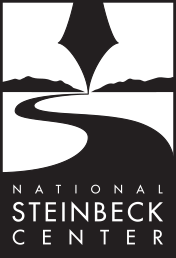 digital illustration, black and white, black road leading to horizon with a pin along with National Steinbeck Center lettering
