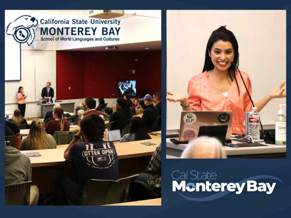 presentation auditorium and woman gesturing