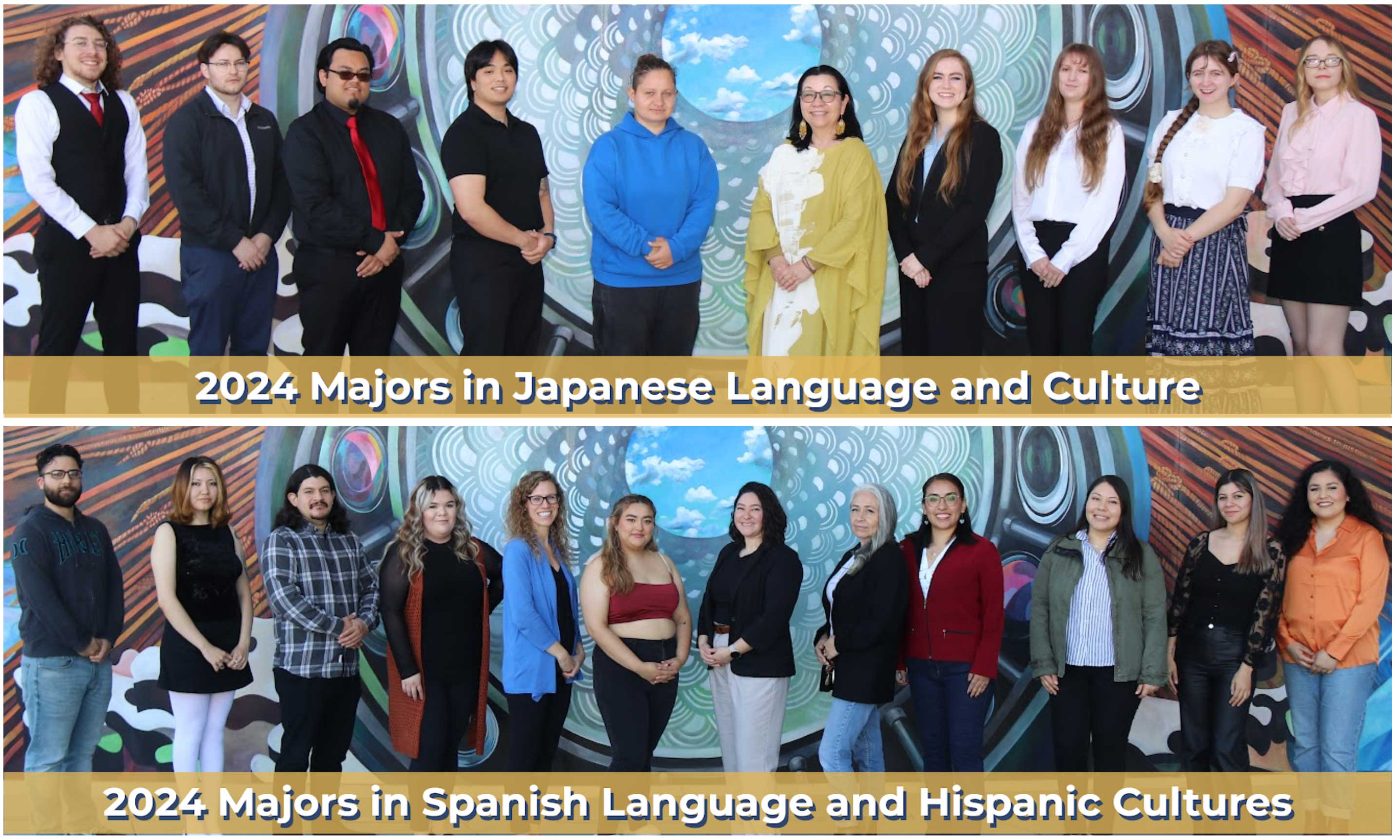 Students posing in front of CAHSS Building Mural