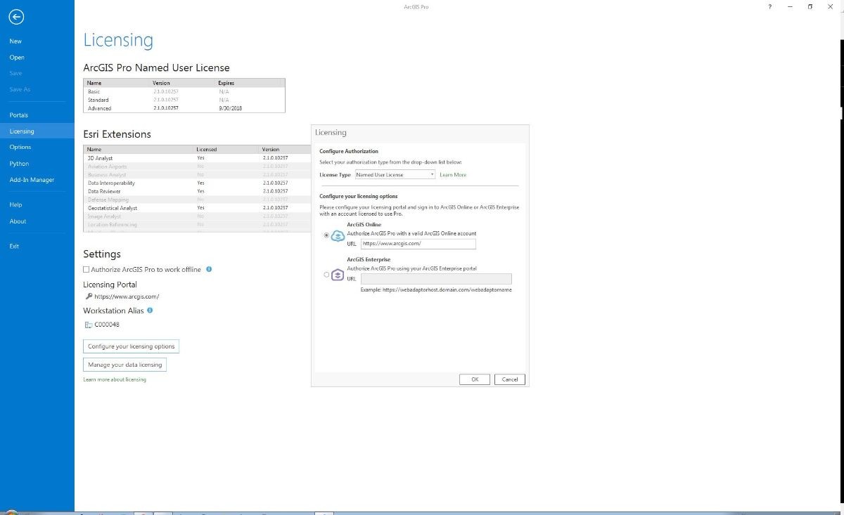 ArcGIS Pro Licensing interface set up for Named User License
