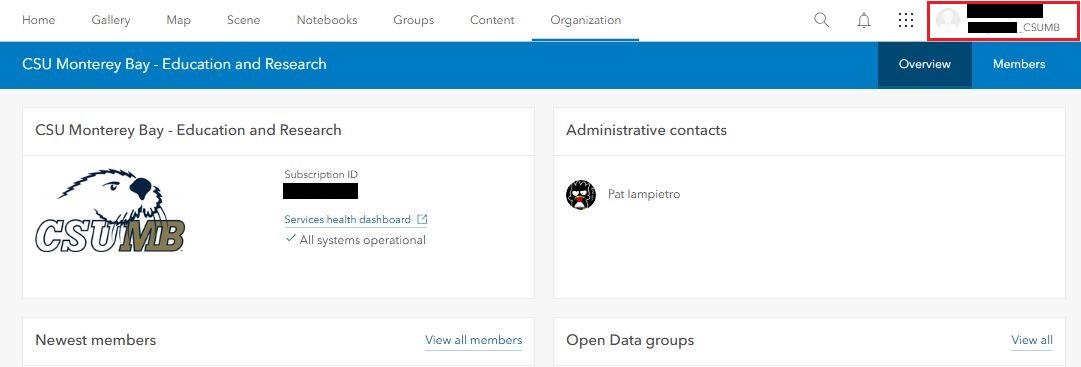 Screenshot of ArcGIS Online Homepage with User section annotated