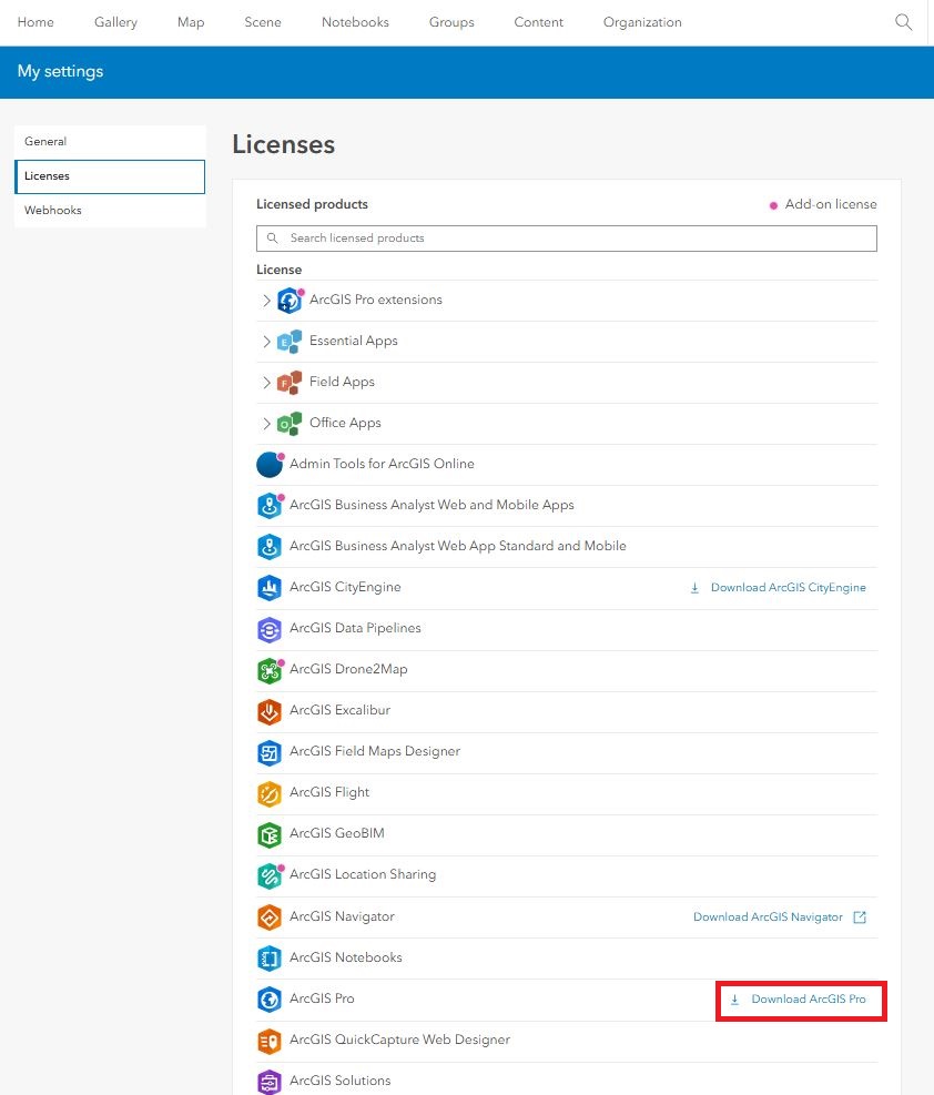 Screenshot of ArcGIS Online UserMy SettingsLicenses page with Download ArcGIS Pro link annotated