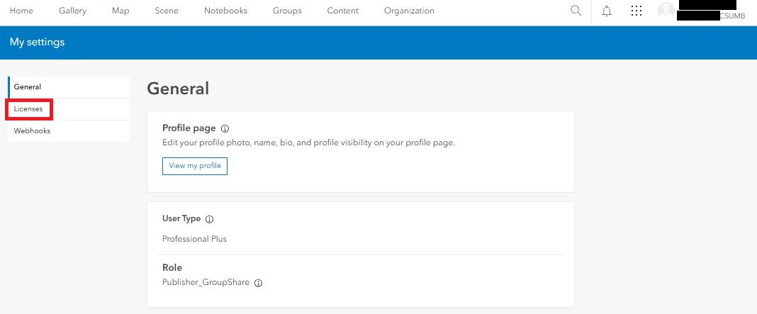 Screenshot of ArcGIS Online UserMy Settings page with Licenses link annotated