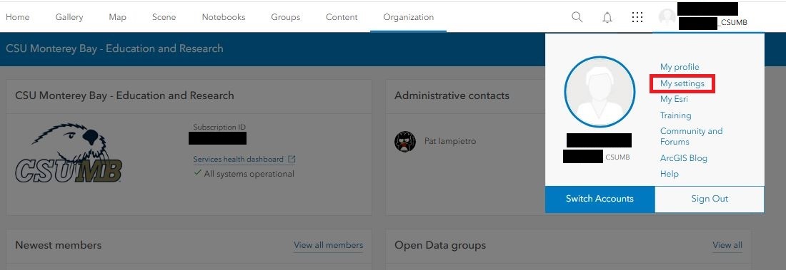 Screenshot of ArcGIS Online User Profile pulldown  with My Settings link annotated