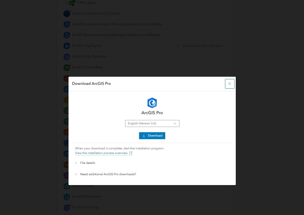 Screenshot of ArcGIS Online UserMy SettingsLicenses page with Download ArcGIS Pro Dialog Box