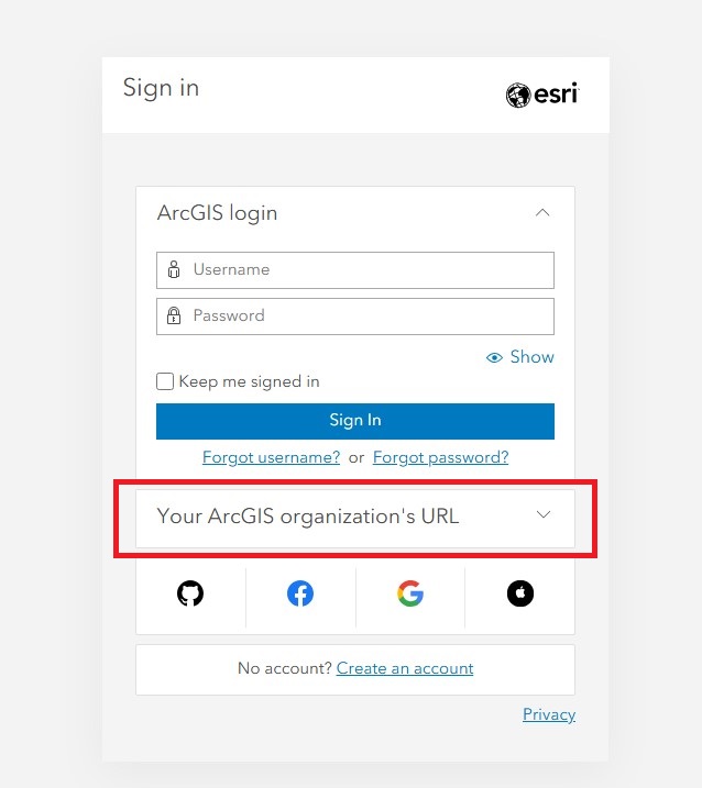 Screenshot of ArcGIS Online Sign in dialog with ArcGIS login option visible and ArcGIS Org URL option annotated