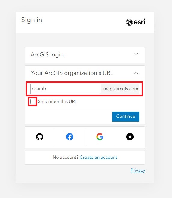 Screenshot of ArcGIS Online Sign in dialog with ArcGIS login option visible and ArcGIS Org URL option  with 