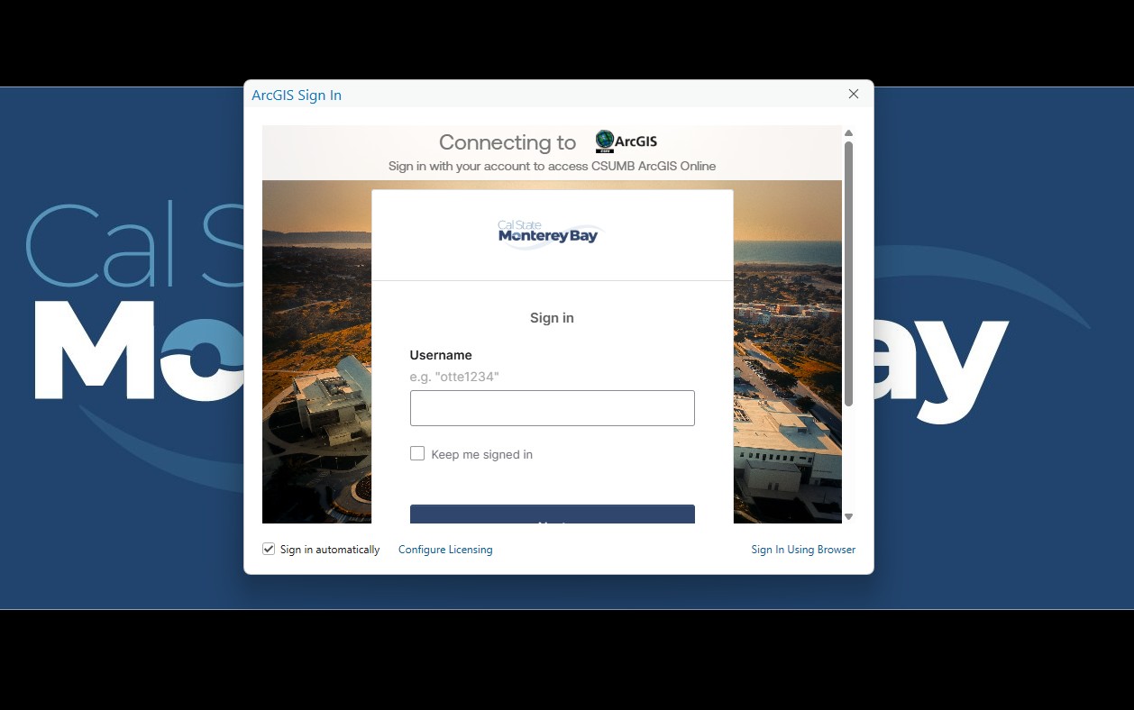 Screenshot of  AGOL/ArcGIS Pro Okta SSO sign in Dialog Box
