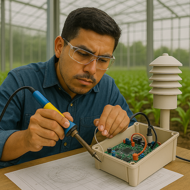 Engineer soldering circuit board in greenhouse