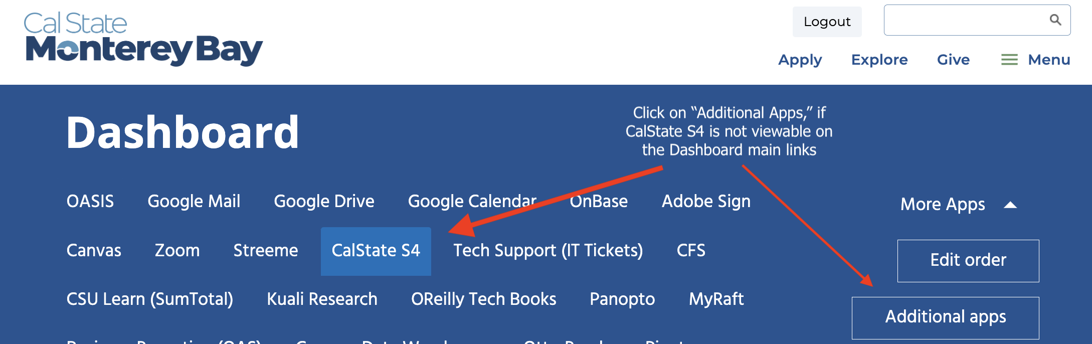 arrows pointing at cal state s4 link on dashboard