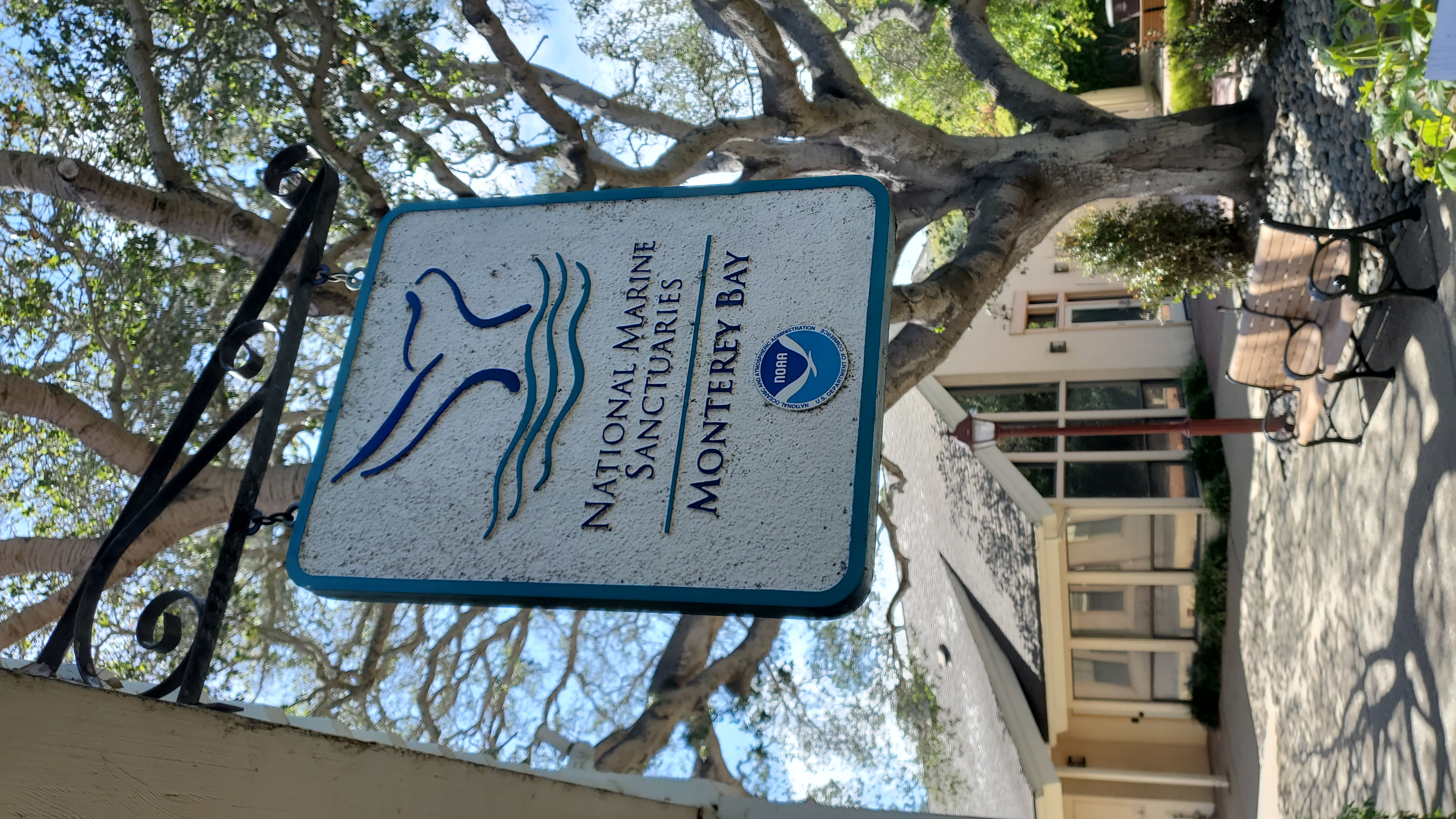 Sign for Monterey Bay National Marine Sanctuaries with building and tree in background.