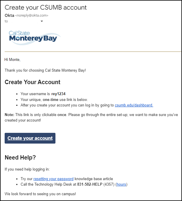 Screenshot of email from CSUMB instructing user to create an account, featuring a unique username and one-time link