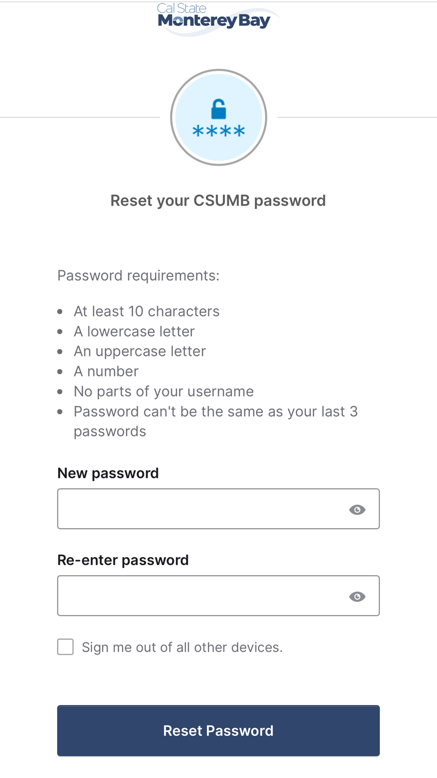 CSUMB password reset form showing password requirements and fields to enter and confirm a new password, with an option to sign out of all devices.