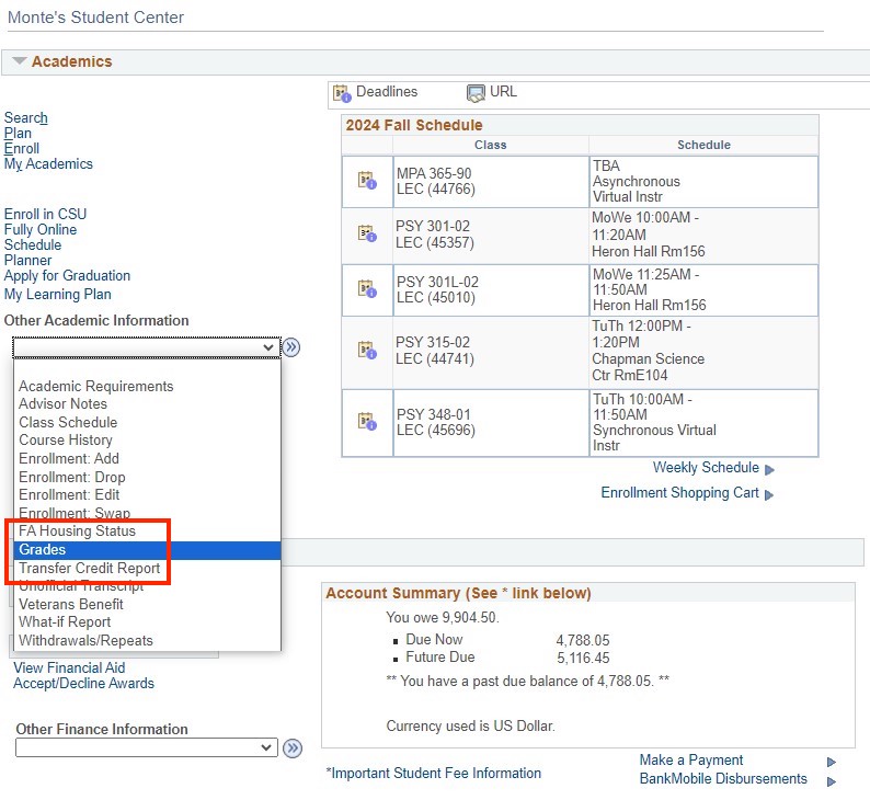 Screenshot of the Academics Section in OASIS with Grades circled