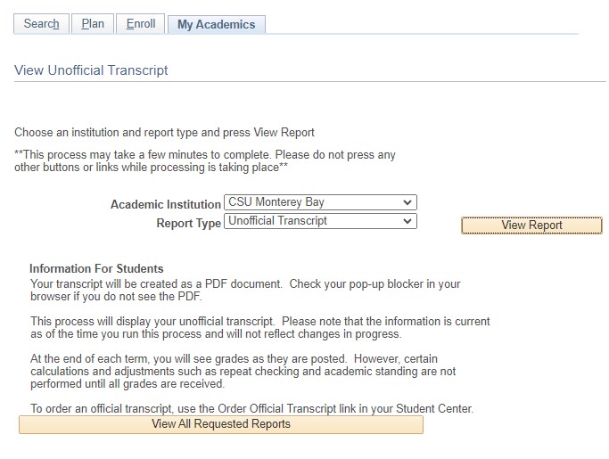 Screenshot of the View Unofficial Transcript screen