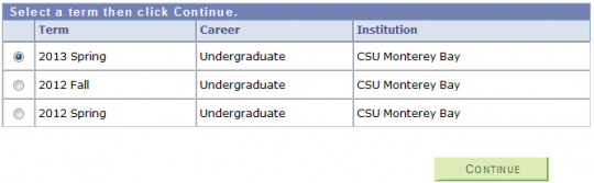Select term and continue