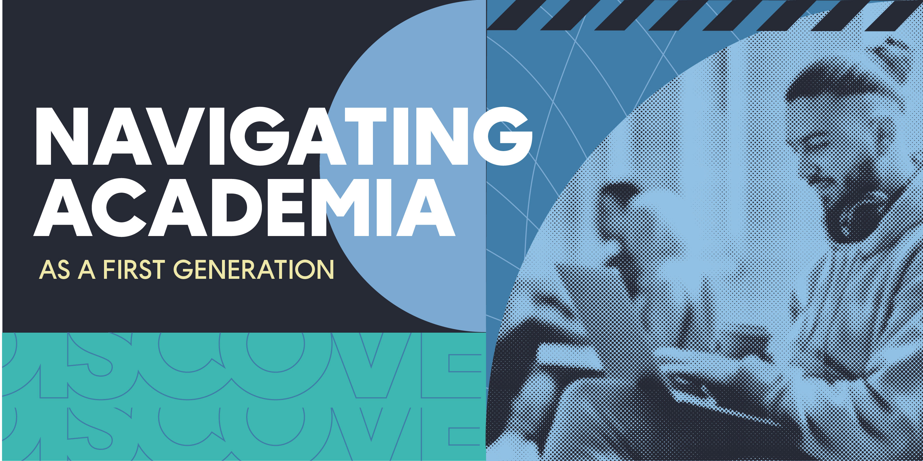 Blue colored background with students looking at laptop, text included reads 