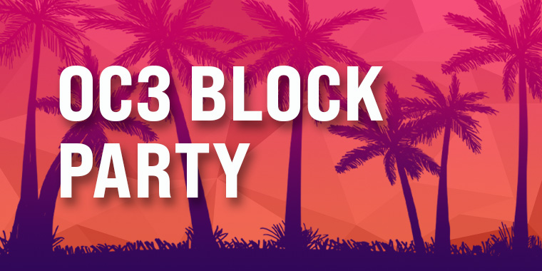 Sunset background with palm trees in a purple wash, text that reads