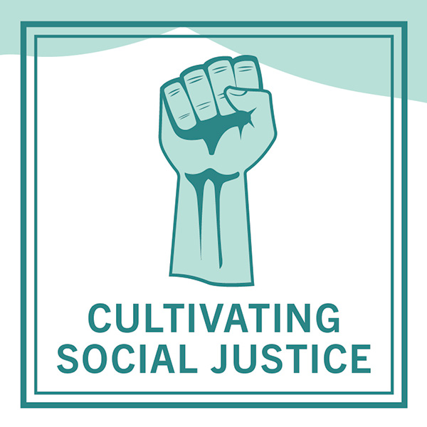 White background with teal border, raised fist in two tones of teal with