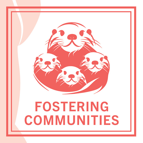 Whit background with red border, vector image of four otters close together in red, text underneath stating