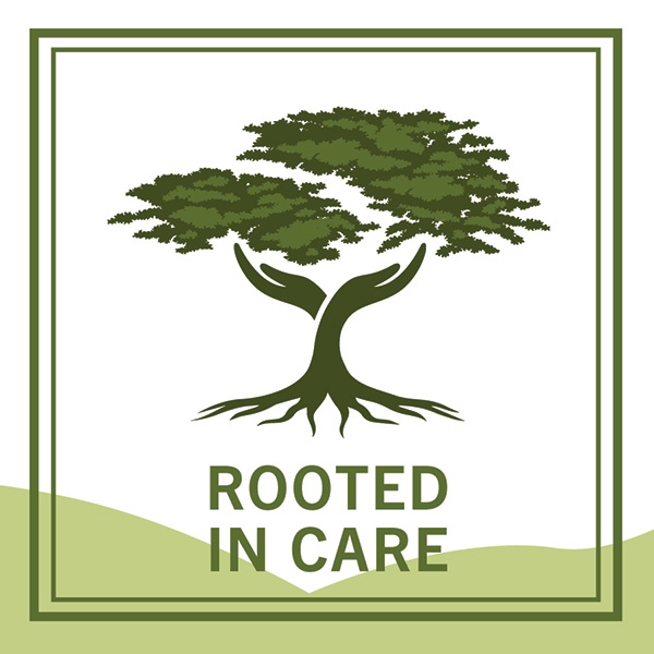 White background with dark green border, Cyprus tree shape with roots and the trunk morphed into hands, text underneath that states
