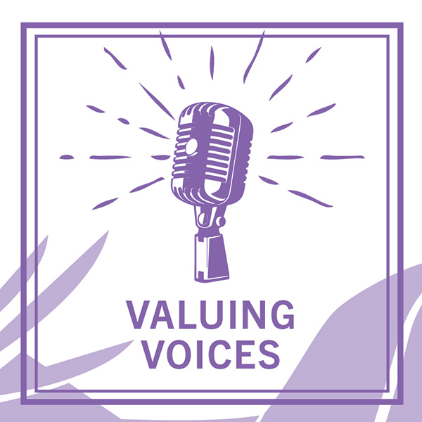 White background with purple border, purple microphone with sound waves coming off from it, text underneath that states