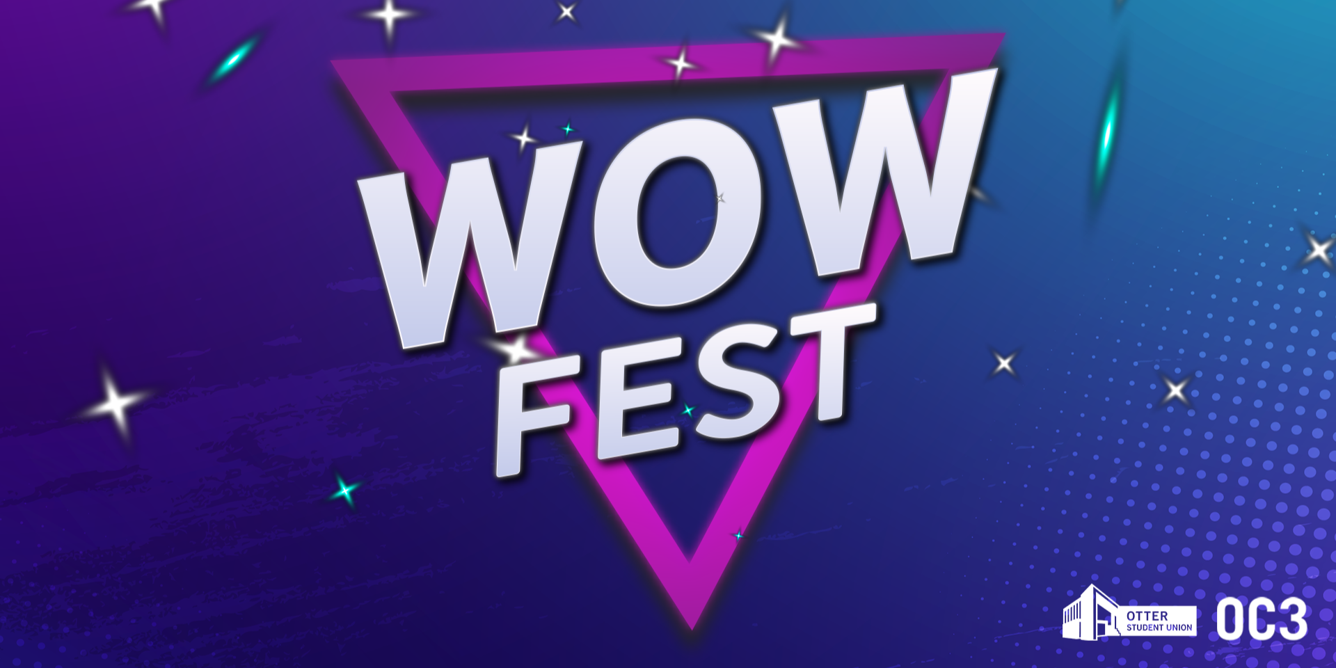 Purple gradient background with WOW Fest symbol in middle