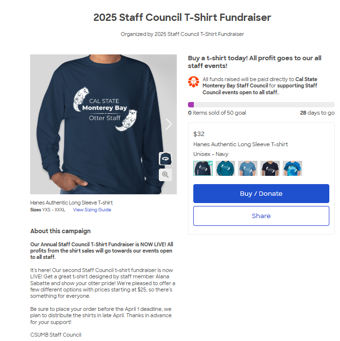 decorative image only, a screenshot of the fundraiser page of shirts for sale